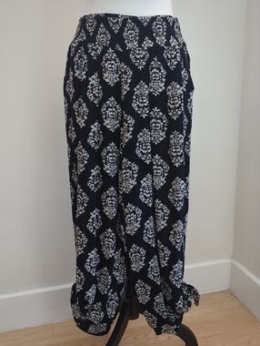 blue island Damask Smocked High-Waisted Harem Pants With Side Slits & Tie-Hem